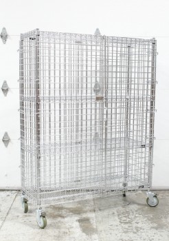 Shelf, Metal, METRO / NSF, CHROME WIRE UTILITY RACK W/SECURITY CAGE SURROUND & DOUBLE DOORS, ROLLING ON CASTERS, EMPTY, METAL, SILVER