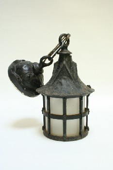 Lighting, Wallmount, EXTERIOR, SCONCE, FROSTED GLASS, TAPERED TOP, AGED (Missing Glass Insert), IRON, BLACK
