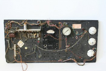 Electronic, Panel, RECTANGULAR PANEL W/INTERCONNECTED COLOURED WIRES, GAUGES, SWITCHES ETC., RED LIGHTS, NUMBERED HOLES, METAL, BLACK