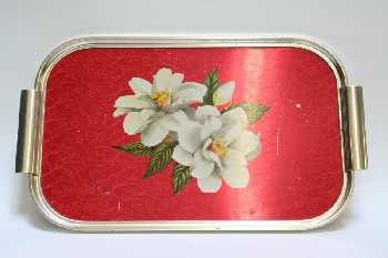Housewares, Tray, SERVING, SILVER FRAME W/HANDLES, WHITE FLOWERS W/LEAVES, VINTAGE, METAL, RED