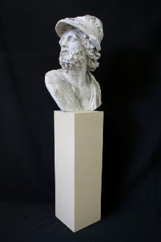 Statuary, Bust, MAN IN HAT,TALL RECTANGULAR COLUMN BASE (2 PCS,SEPARATE), ANCIENT GREEK STYLE, MUSEUM, CONCRETE, OFFWHITE