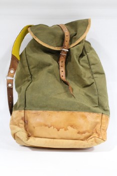 Luggage, Backpack, DRAWSTRING, BROWN LEATHER STRAPS LINED W/YELLOW FELT, AGED, CANVAS, GREEN