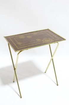 Table, Folding, RETRO TV TRAY TABLE, BROWN TOP W/FLORAL BORDER, BRASS COLOURED LEGS, METAL, BROWN