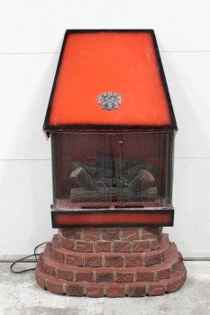 Fireplace, Misc, VINTAGE ELECTRIC MOUNTABLE FIREPLACE W/MESH SCREEN & FAKE LOGS, 3 PCS W/LIGHTWEIGHT FAUX PLASTIC BRICK BASE & RED METAL HOOD W/SHIELD DECAL, 1970s, METAL, RED