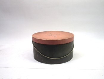 Box, Storage, VINTAGE, ROUND, PINK LID, TAUPE, AGED, HAT BOX, CARDBOARD, MULTI-COLORED