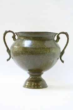 Vase, Urn, URN STYLE, PLAIN W/2 ORNATE HANDLES, METAL, GREEN