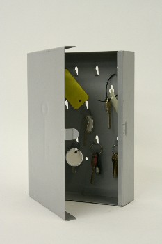 Cabinet, Key, KEY BOX W/HINGED DOOR, SHOWN DRESSED W/SOME KEYS, WALLMOUNT, METAL, GREY