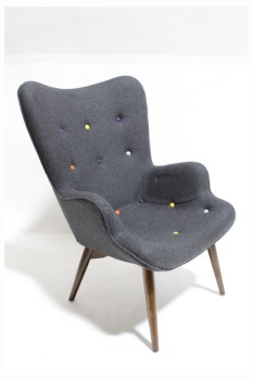 Chair, Armchair, MODERN, WING BACK, CURVED, CONTOURED, MULTICOLOURED BUTTON TUFTED, WALNUT LEGS, WOOL, GREY