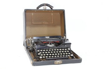 Desktop, Typewriter, ANTIQUE BLACK TYPEWRITER IN AGED CASE, METAL, BLACK
