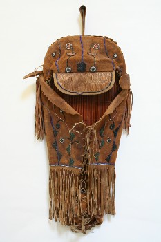 Bag, Misc, NATIVE, SUEDE PAPOOSE, BEADED & FRINGED, LEATHER, BROWN