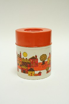 Housewares, Canister, CYLINDRICAL W/ORANGE LID,PIC OF HOUSES W/TREES, METAL, MULTI-COLORED
