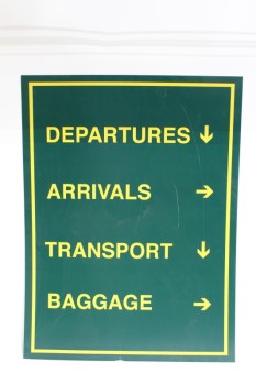 Sign, Airport, DEPARTURES/ARRIVALS/TRANSPORT/BAGGAGE, W/ARROWS, GREEN & YELLOW , PLASTIC, GREEN
