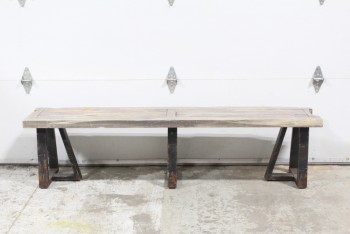 Bench, Rustic, 6FT, BROWN WOOD RUSTIC TOP, BLACK LEGS LOOK LIKE METAL, AGED - Condition Slightly Different On All, WOOD, BROWN