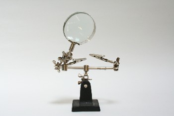 Science/Nature, Magnifier, MAGNIFYING GLASS W/2 CLIPS ON BLACK STAND, JEWELER/LAB, VINTAGE INDUSTRIAL , METAL, SILVER