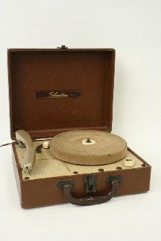Audio, Record Player, OLD STYLE,IN CASE W/HANDLE, WOOD, BROWN