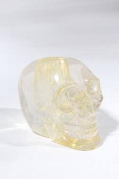 Decorative, Skull, CLEAR / TRANSPARENT W/OFFWHITE & YELLOWISH VEINS, ACRYLIC / RESIN, PAPERWEIGHT, HOLE THROUGH, ACRYLIC, CLEAR