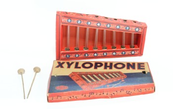 ANTIQUE TOY XYLOPHONE IN BOX, GLASS BARS, 2 WOOD WANDS, USED, AGED, Smalls