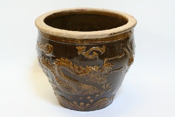 Decorative, Container, TAPERED W/RAISED DRAGON DESIGNS,ASIAN, CROCKERY, BROWN