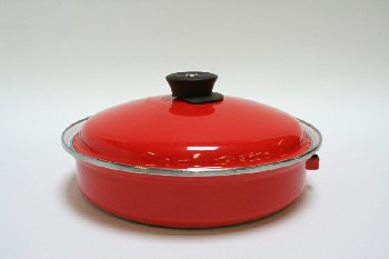 Cookware, Pan, FRYING,NO HANDLE,WHITE INTERIOR,RED LID, ENAMELWARE, RED