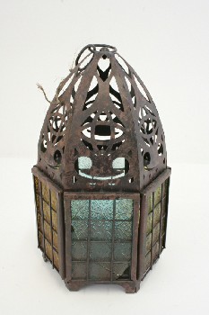 Candles, Lantern, POINTED TOP W/CUTOUTS, YELLOW GREEN & BLUE GLASS PANELS, METAL, RUST