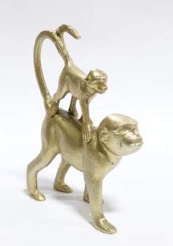 Decorative, Animal, BRASS MONKEY W/BABY ON ITS BACK, CURLED TAILS, METAL, BRASS