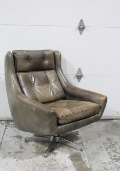 Chair, Armchair, VINTAGE STYLE, HIGH BACK, BUTTON TUFTED, PADDED ARMS & HEAD REST, SWIVEL BASE, WORN, AGED, LEATHER, GREY