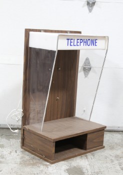 Phone, Payphone, INDOOR, PARTIAL BOOTH / SURROUND W/PLEXI SIDES, DARK BROWN LAMINATE WOOD BACK & SURFACE, WHITE PLASTIC TOP, LOWER PARTIAL SHELF, WALL OR PEDESTAL MOUNT, PUBLIC, CIRCA 1960 - Phones Rent Separately, WOOD, BROWN