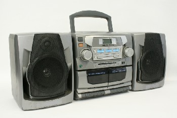 Audio, Cassette Player, W/RADIO & CD PLAYER W/HANDLE & 2 SIDE SPEAKERS, PLASTIC, GREY