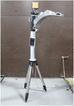 Industrial, Miscellaneous, TRIPOD BASE (32" WIDE AS SHOWN), CURVED METAL BRACKET, ALUMINUM CYLINDER W/KEYPAD, METAL, SILVER