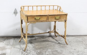 Desk, Misc, DESK OR DRESSING TABLE, BAMBOO & RATTAN CONSTRUCTION, 2 DRAWERS W/CANING FRONTS & BRASS HARDWARE, VINTAGE, RATTAN, BROWN