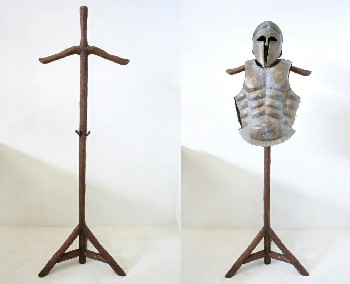 Stand, Miscellaneous, RUSTIC ARMOUR RACK,T-SHAPED W/TRIPOD BASE (Armour Pictured Rents Separately), WOOD, BROWN