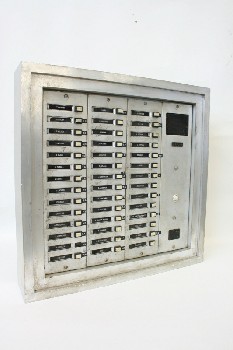 Building, Intercom, APARTMENT, SQUARE, 3 ROWS OF 14 BUZZERS W/NAME SLOTS, W/SPEAKER, AGED, METAL, GREY