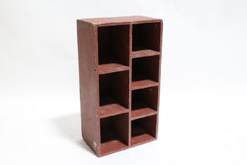 Shelf, Wood, RECTANGULAR SHELF OR HOLDER, DIVIDED, 7 CUBBYS, AGED, WOOD, BROWN