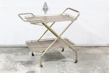 Cart, Trolley, VINTAGE/RETRO, 2 LEVELS, TUBULAR FRAME, COLLAPSIBLE, FOLDING, SMALL WHEELS, ROLLING, METAL, BROWN