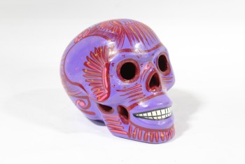 Decorative, Skull, MEXICAN SUGAR SKULL STYLE CALAVERA, DAY OF THE DEAD, PAINTED W/BIRDS, CERAMIC, PURPLE