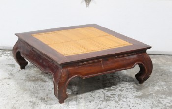 Table, Coffee Table, CHINOISERIE / ASIAN / DYNASTY STYLE W/THICK ROUNDED LEGS, INLAID BAMBOO / LIGHTER BROWN CENTRE, LOW PROFILE, MID CENTURY STYLE OCCASIONAL, ACCENT, COCKTAIL TABLE, WOOD, BROWN