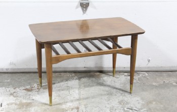 Table, Side, VINTAGE SIDE TABLE, LOWER SHELF MADE OF SPACED SLATS, BRASS CAPPED TAPERED LEGS, WOOD, BROWN