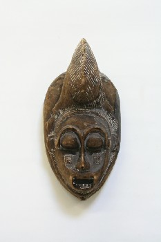 Decorative, Mask, WARRIOR MASK W/HIGH CURLED HAIR, BURN MARKS, WHITE HIGHLIGHTS, AGED, WOOD, BROWN