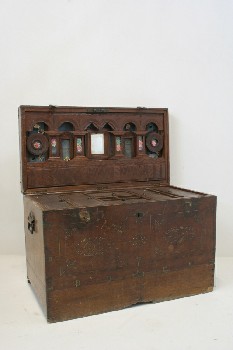 Trunk, Chest, ANTIQUE, SIDE HANDLES, CARVED HINGED LID W/MIRROR & FLOWERS INSIDE, COMPARTMENT TRAY, WOOD, BROWN