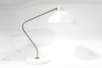 Lighting, Lamp, MODERN, MATTE WHITE CRESCENT SHAPED WHITE METAL ADJUSTABLE SHADE (ATTACHED) & ROUND BASE, METAL, WHITE