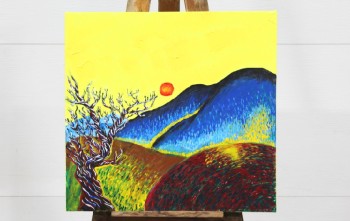 Art, Painting, CLEARED, EXPRESSIONIST LANDSCAPE W/YELLOW SKY, RED SUN, TREE, HILLS, CANVAS, YELLOW