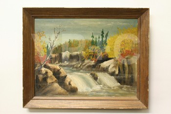 Art, Painting, OIL, FALL LANDSCAPE, RIVER, ROCKS, NATURE, WOOD, MULTI-COLORED