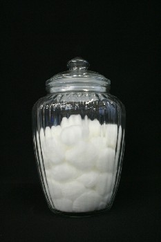 Vanity, Misc, JAR DRESSED W/COTTONBALLS,LID,SCALLOPED INTERIOR, GLASS, CLEAR