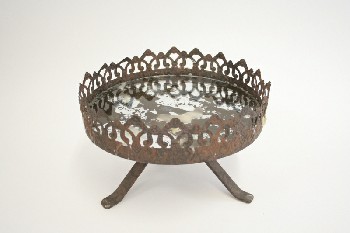 Decorative, Stand, MEDIEVAL, TRIPOD, ROUND, ORNATE, MIRRORED SURFACE W/WAX DRIPPINGS, IRON, RUST