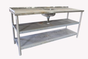 Plumbing, Sink, COUNTER W/SMALL SINK, NO TAPS, 2 SHELVES, AGED, STAINLESS STEEL, SILVER