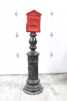 Fire, Pull Station, ANTIQUE/EARLY 20TH CENTURY FIRE ALARM CALL STATION W/PULL DOWN LEVER, RED METAL BOX (NOT ATTACHED), HEAVY, IRON POST BASE, IRON, RED