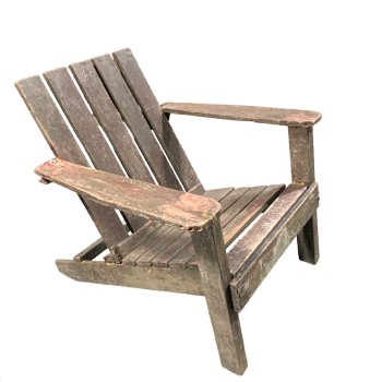 Chair, Lawn, ADIRONDACK/MUSKOKA STYLE OR SIMILAR, RECTANGULAR ANGLED BACK, UNFINISHED WOOD PLANK CONSTRUCTION, RUSTIC, OUTDOOR/LAWN/DECK, WEATHERED AND AGED, WOOD, BROWN