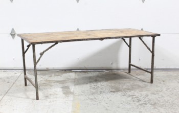 Table, Folding, NEARLY 6FT, BROWN WOOD TOP, DARK GREY METAL FOLDING LEGS, WORK OR UTILITY TABLE, AGED, WOOD, BROWN