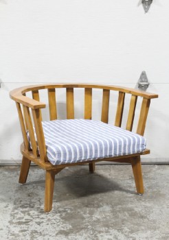 Chair, Armchair, CLUB STYLE WIDE ROUNDED BROWN WOOD BACK W/OPEN SLATS, BLUE & WHITE STRIPED LINEN CUSHION, TEAK OR ACACIA FINISH OR SIMILAR, INDOOR / OUTDOOR OCCASIONAL, WOOD, BROWN