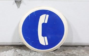 ROUND SIGN W/WHITE PHONE GRAPHIC & BORDER ON BLUE BACKGROUND, PUBLIC PAY PHONE, Art, Signage & Wall Decor